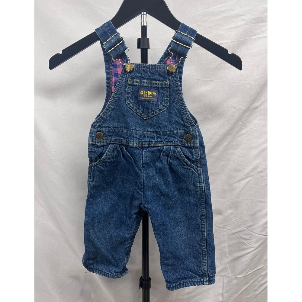 VTG 1995 Oshkosh Girls Denim Overalls Pink and Blue Checkered Flannel Lined 18M